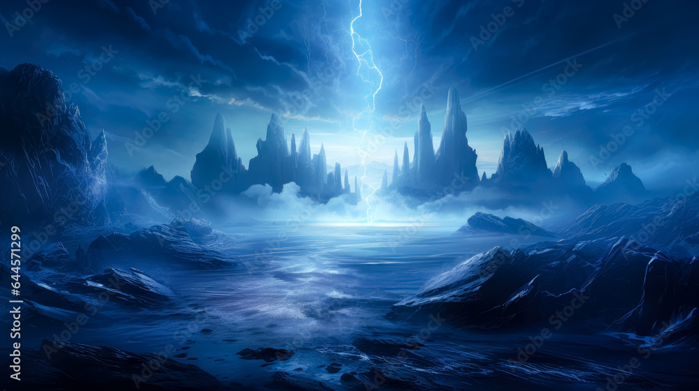 Fantasy Blue landscape. Waterfall on a  dark background, blue light coming out of water, in the style of fantasy illustration, blue fantasy waterfall.