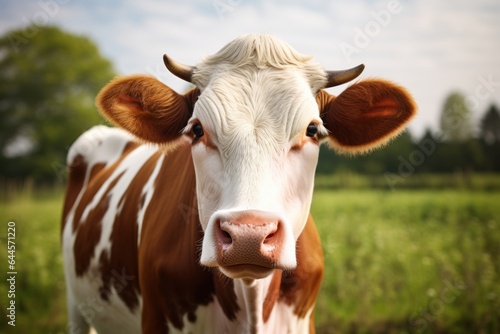 Brown and white colors cow on a green summer meadow. Farm milk cow face portrait, generated by AI