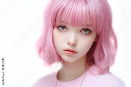 Portrait of a cute girl with pink hair, isolated on white background. Generated by AI
