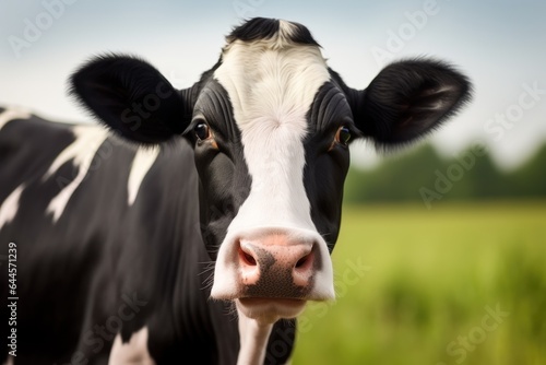Beautiful holstein cow face portrait, blurred green meadow background. Milk cow on farm, generative by AI