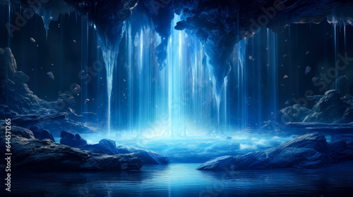 Fantasy Blue landscape. Waterfall on a dark background, blue light coming out of water, in the style of fantasy illustration, blue fantasy waterfall.