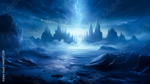 Fantasy Blue landscape. Waterfall on a dark background, blue light coming out of water, in the style of fantasy illustration, blue fantasy waterfall.