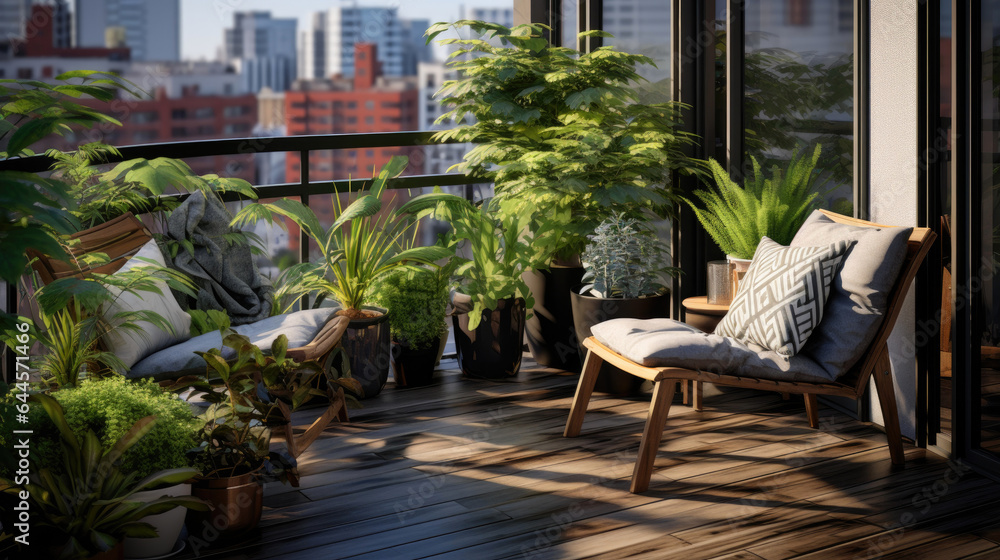 Small modern cute and cozy balcony with chair and some plants around. Generative AI