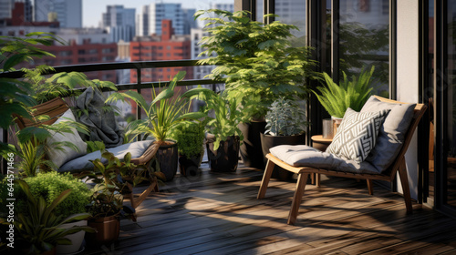 Small modern cute and cozy balcony with chair and some plants around. Generative AI