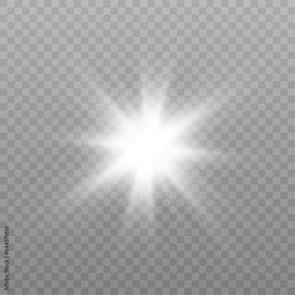 White glowing light explodes on a transparent background. Bright Star. Transparent shining sun, bright flash. Vector graphics.	