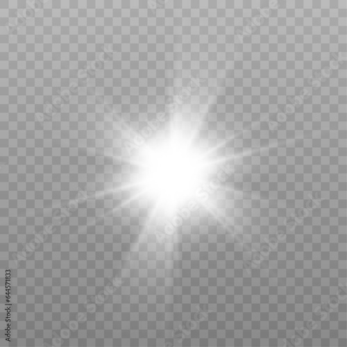 White glowing light explodes on a transparent background. Bright Star. Transparent shining sun, bright flash. Vector graphics. 