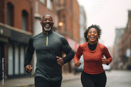 Middle-aged African-American couple during an evening jog through the streets of their neighborhood. Loving middle aged couple during outdoor jogging workout. Sports as the best remedy for aging.