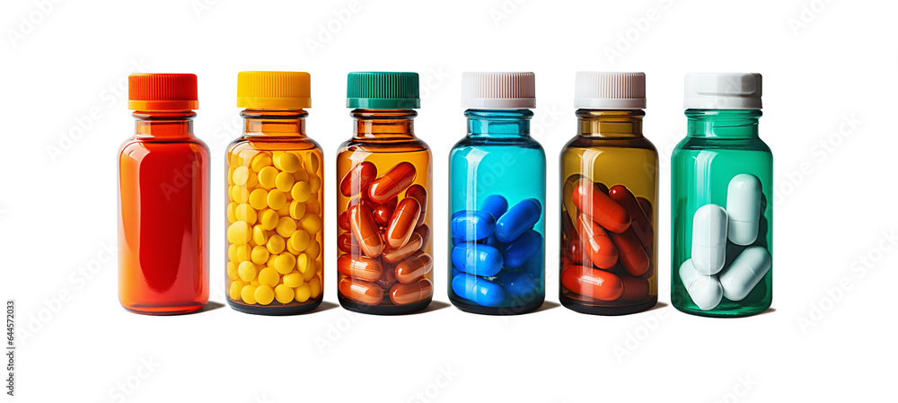 Set of tablets in glass bottles - capsules isolated on free PNG background. Pharmacy bottle pill medicine, drug concept. - obrazy, fototapety, plakaty 
