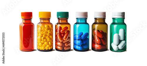 Set of tablets in glass bottles - capsules isolated on free PNG background. Pharmacy bottle pill medicine, drug concept.