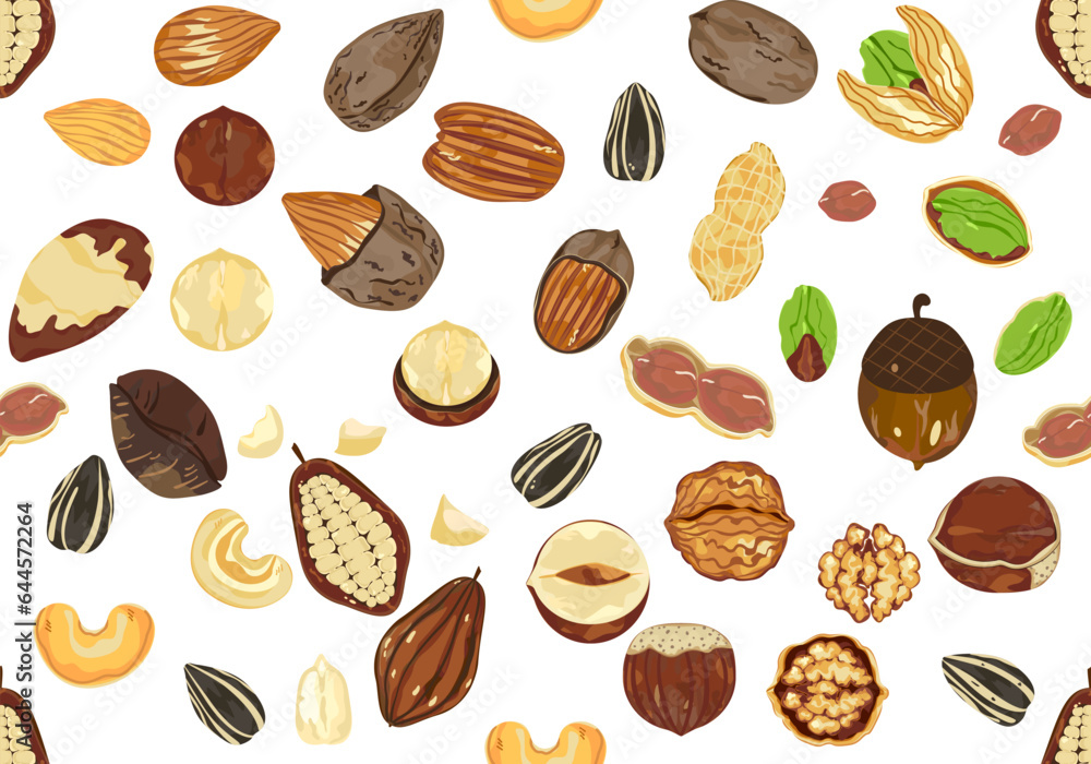 Seamless vector pattern with Nuts and seeds in a flat design in cartoon style cute design Modern bright colors for paper covers. interior fabrics, backgrounds, and other users. Seamless vector pattern with Nuts and seeds in a flat design in cartoon style cute design Modern bright colors for paper covers. interior fabrics, backgrounds, and other users.