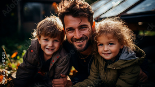  a man and two children posing for a picture