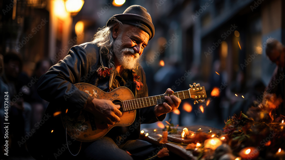 Obraz premium Urban tunes: Busker's expressive melody resonates in the alley.