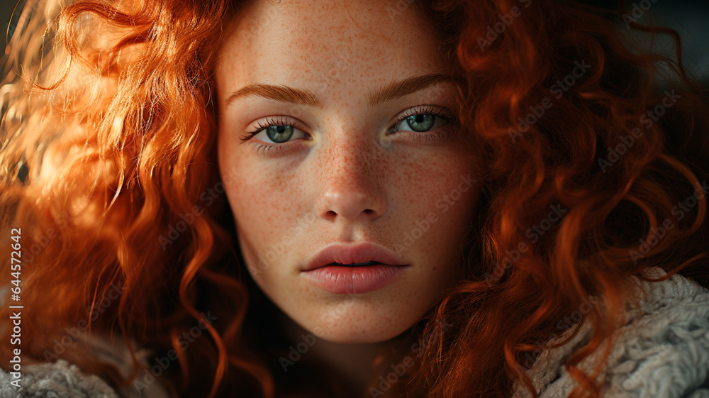 Naklejka premium a woman with freckles and a blue shirt