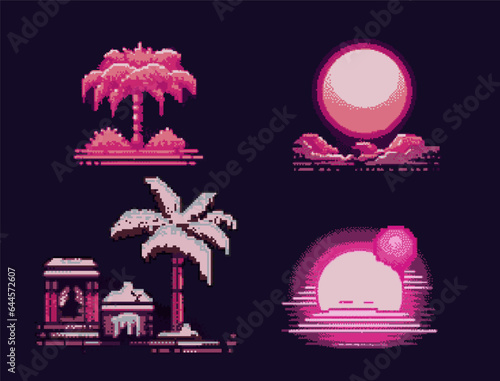 A set of synthwave pixel art illustrations featuring palm trees and moon.