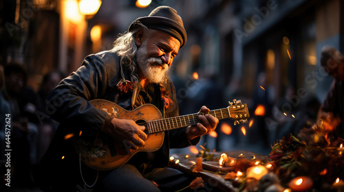 Urban tunes: Busker's expressive melody resonates in the alley.
 photo