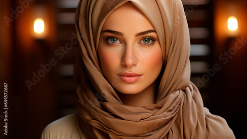 a woman with a pink scarf and a white shirt