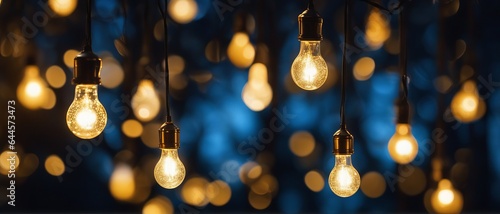 Light bulbs dangle and shine with golden light against a background of bokeh lamps, wallpaper