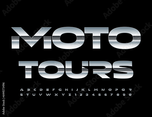 Vector advertising Emblem Moto Tours. Modern Metallic Font. Chrome Alphabet Letters and Numbers set