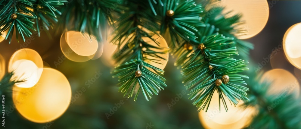 Closeup of Christmas tree branches hanging from above, bokeh lights in the background, wallpaper