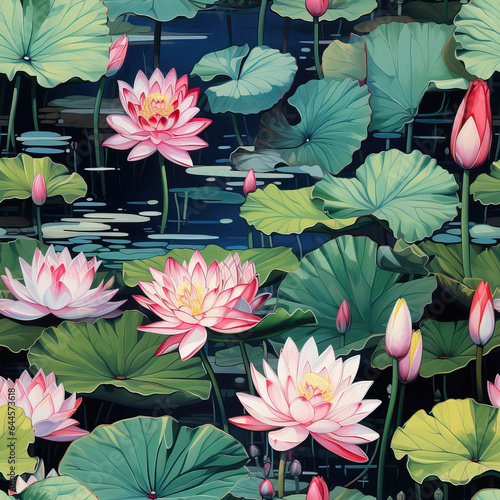 Lotuses in the pond oil painting colorful repeat pattern