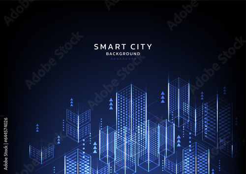 Smart city, building, city space with arrow on dark blue background. Technology background. Cover, poster, presentation, banner. Real estate business