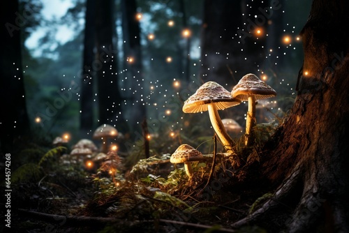 Mushrooms in the forest at night.Generative AI © Wanna