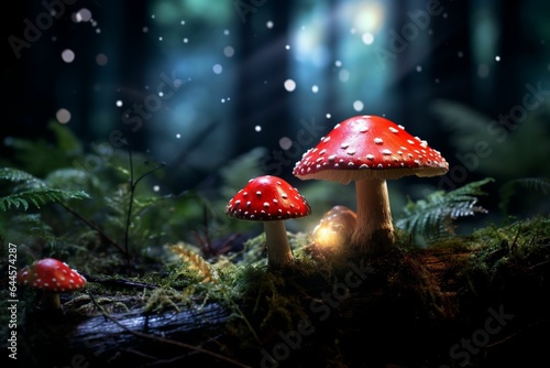 Mushrooms in the forest at night.Generative AI