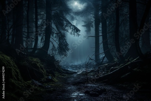 Dark forest at night in moon light.Generative AI