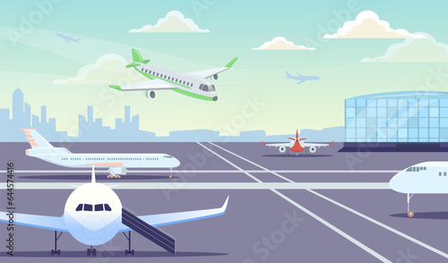 Airplanes flying and standing on runway vector illustration. Cartoon drawing of airport with passenger planes. Aviation, traveling, journey, vacation, transportation concept