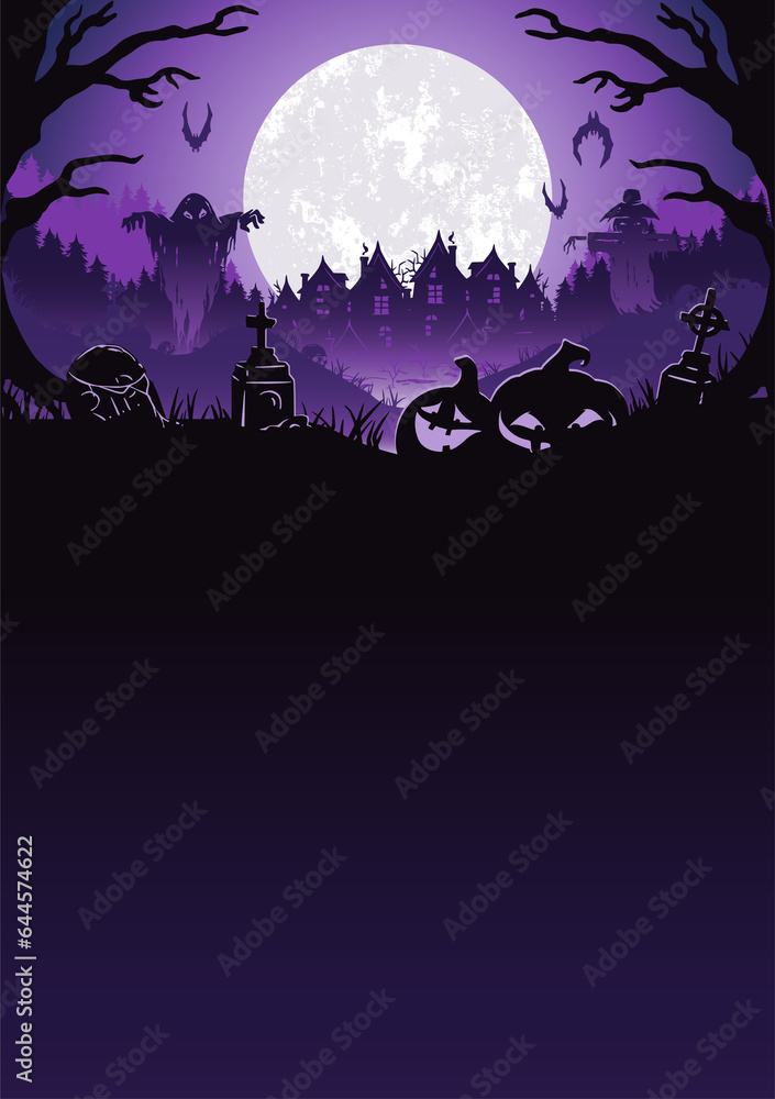 Halloween background with zombie hand and skeleton hand, cemetery for holiday poster. Mystical background with cross, grave, tombstone and dead man for dark fear october design