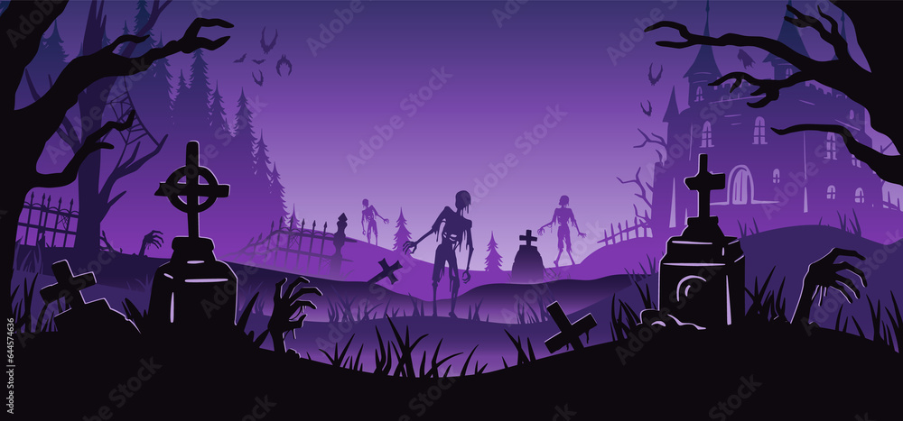 Halloween background with zombie and skeleton hand, cemetery and castle for holiday poster. Creepy and mystical background with cross, grave, tombstone and dead man for dark fear october design