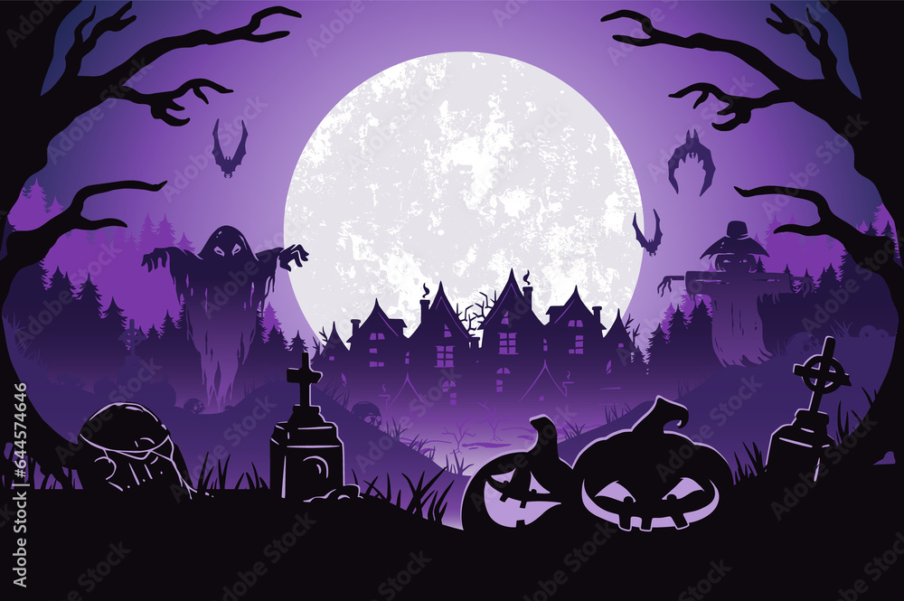 Halloween background with zombie hand and skeleton hand, cemetery for holiday poster. Mystical background with cross, grave, tombstone and dead man for dark fear october design
