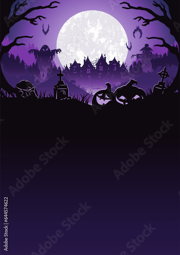 Halloween background with zombie hand and skeleton hand, cemetery for holiday poster. Mystical background with cross, grave, tombstone and dead man for dark fear october design