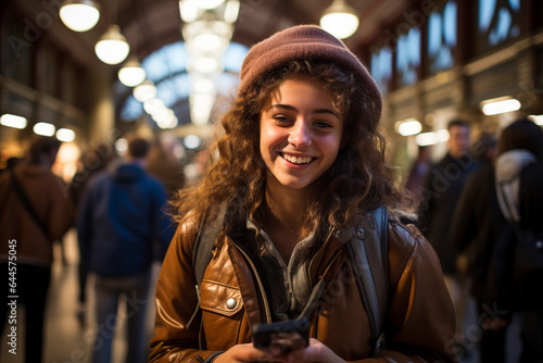Young woman tourist at the railway station. Woman using smart-phone while standing on the railway station platform. Young woman with backpack waiting for an electric train. Enjoying travel.