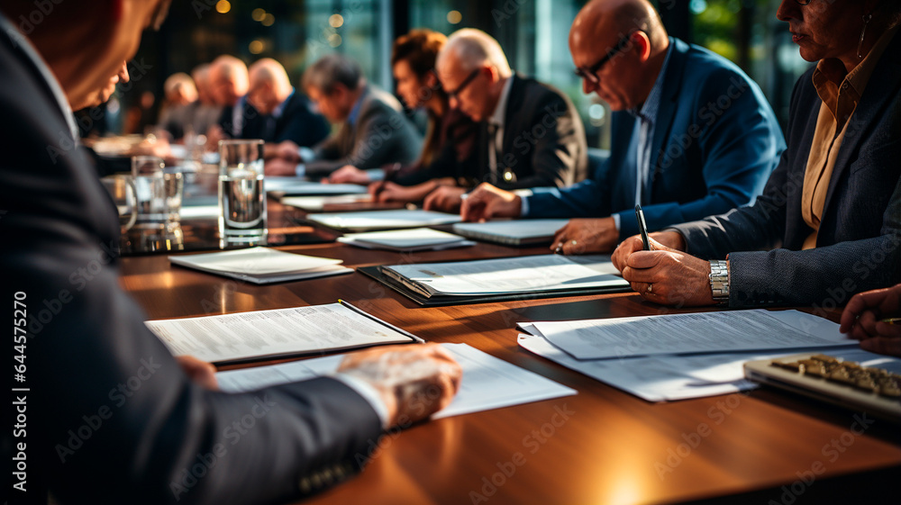 a group of people sitting at a table with papers a group of people sitting at a table with papers