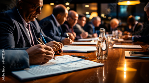  a group of people sitting at a table with papers