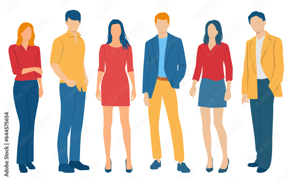 Fototapeta premium Set of young men and women, different colors, cartoon character, group of silhouettes of standing business people, students, the design concept of flat icon, isolated on white background