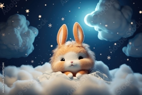 Cute rabbit character sleeping in a night clouds, childish lullaby illustration