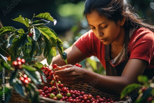 Woman's red coffee beans on bouquet on Arabica berry coffee plant in the business field.Industry.Economy.