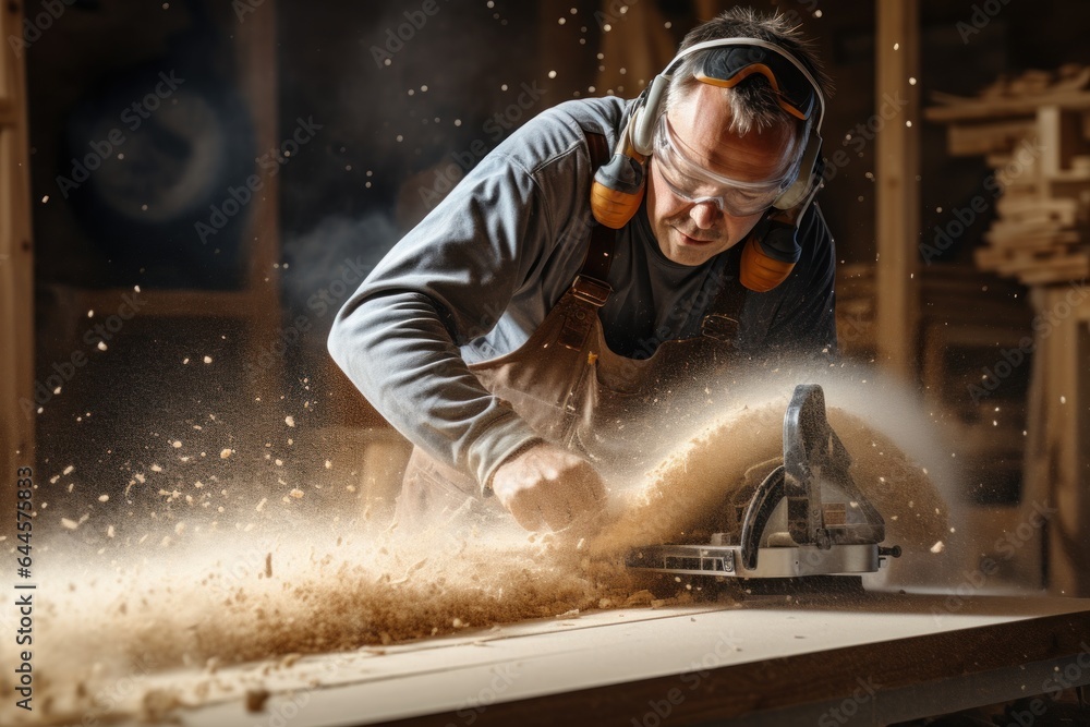 Carpenter blowing sawdust from wooden plank Carpenter blowing sawdust from wooden plank