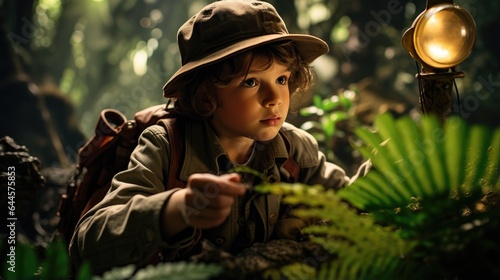 Adventurous boy exploration of the unknown in a deep rainforest. Generative AI
