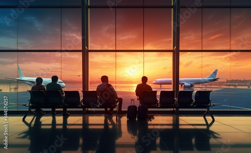 Airport terminal hall with passengers, chairs, large windows on background sunset sun, concept travel and transport Generative AI