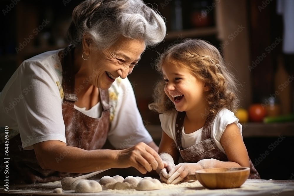 grandmother and granddaughter are cooking in the kitchen, kneading dough, and baking cookies.