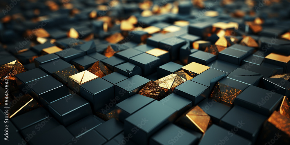 Viele schwarze und goldene Würfel 3D als Hintergundmotiv im Querformat für Banner, ai generativ Viele schwarze und goldene Würfel 3D als Hintergundmotiv im Querformat für Banner, ai generativ