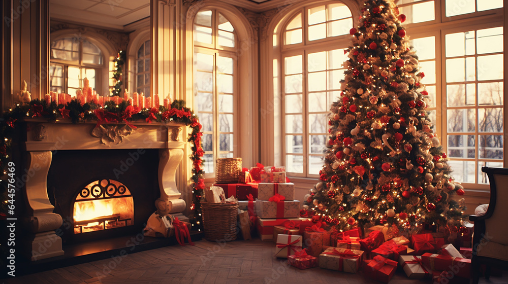 interior christmas. magic glowing tree, fireplace and gifts