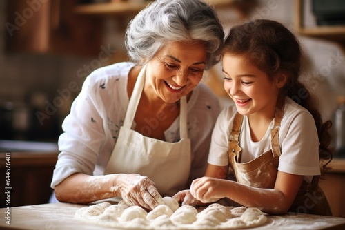 grandmother and granddaughter are cooking in the kitchen, kneading dough, and baking cookies.