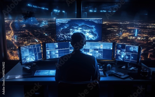 Air traffic controller in airport tower office room with full desktop computer displays with navigation screens, airplane departure and arrival data for team, generative ai