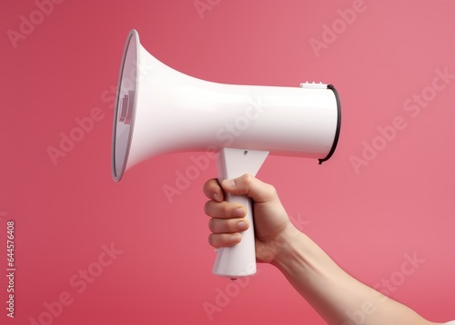 Hand holding white megaphone on pink background illustration concept for announcement advertising promotion, business, demonstration, design loudspeaker for announce Generative AI