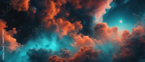 Orange-blue nebula with stars and planets in the background, wallpaper