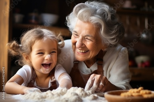 A grandmother and granddaughter are cooking in the kitchen, kneading dough, and baking cookies. photo